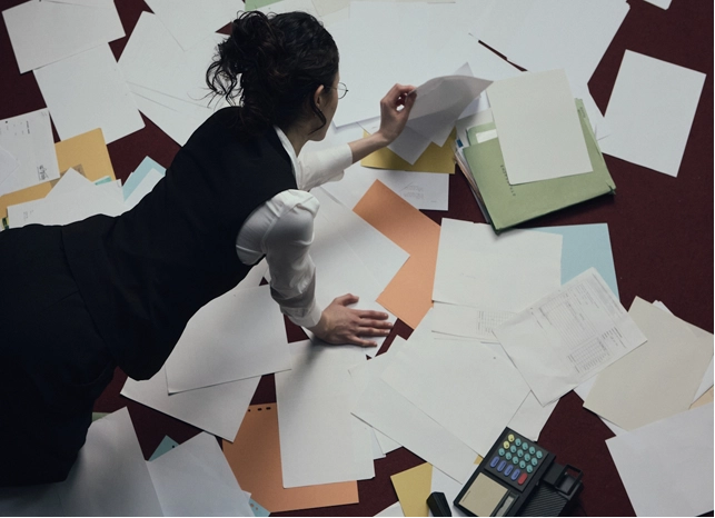 woman sorts out papers on desk