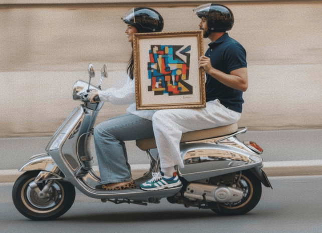 KI generiertes Bild: Paar auf Vespa mit einem Bild